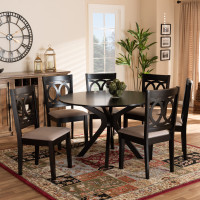 Baxton Studio Sanne-Sand/Dark Brown-7PC Dining Set Sanne Modern and Contemporary Sand Fabric Upholstered and Dark Brown Finished Wood 7-Piece Dining Set